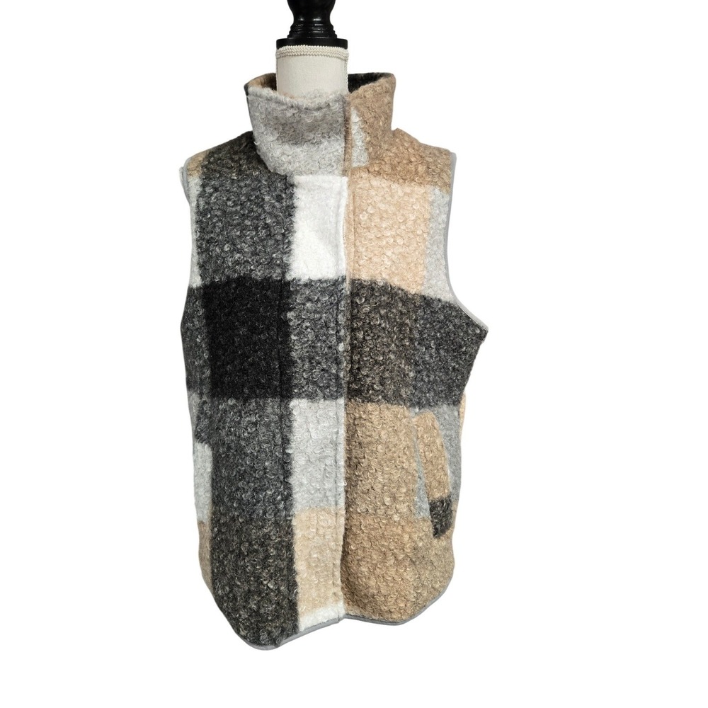 Natural Reflections Plaid Faux Fur Vest Neutral Colorblock Sherpa Women's Size M